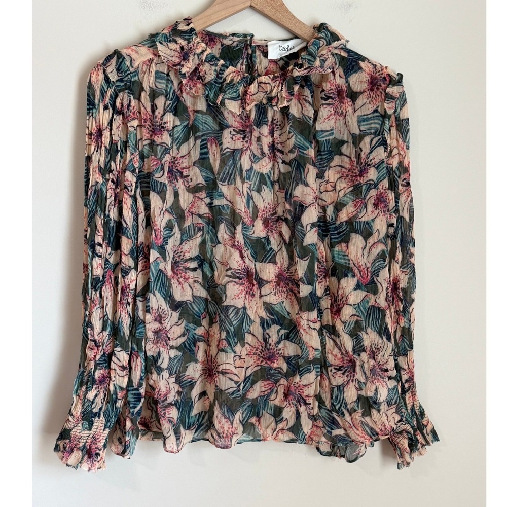 ba&sh floral blouse Semi Sheer Womens 2 Ruffle Neck Smocked Cuffs